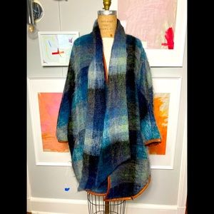 SUNO mohair dolman coat with integrated scarf, leather binding